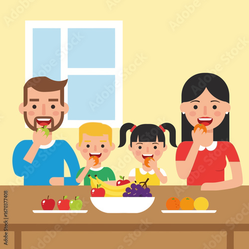 Family eating fruit at a table indoors.