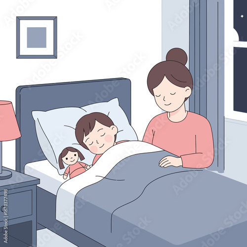 Mother tucks children into bed for nighttime sleep.