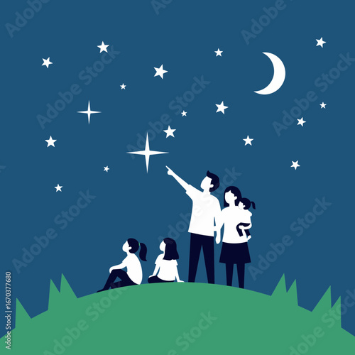 Family stargazing on a grassy hill under a starry night sky.
