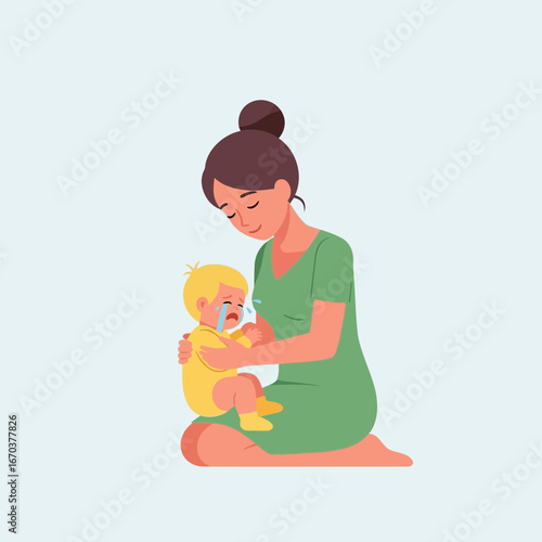 Woman holding a baby on a light blue background.