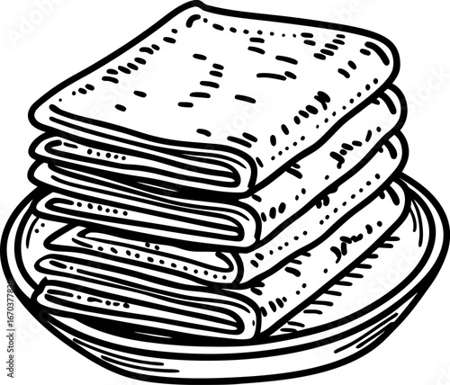 Stack of folded crepes on plate traditional thin pancakes arranged in pile, hand drawn black and white illustration