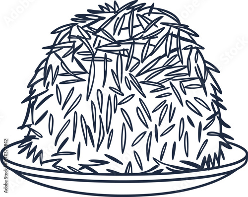 Basmati rice pile on plate hand drawn line illustration of uncooked grains, traditional food ingredient, raw harvest