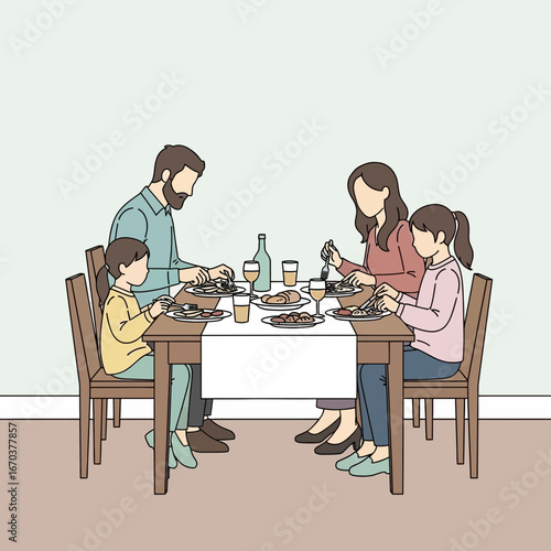 Family eating dinner together at a table.