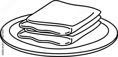 Two slices of folded lasagna on plate, simple black and white outline italian cuisine, food illustration