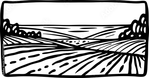 Wide rural landscape illustration with cultivated fields, distant hills, and simple sketched vegetation, nature scene