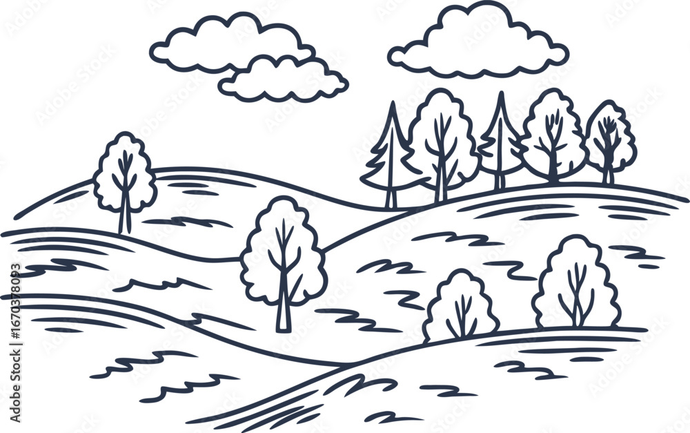 Fototapeta premium Rolling countryside hills with trees and clouds, simple line art landscape illustration for rural nature themes
