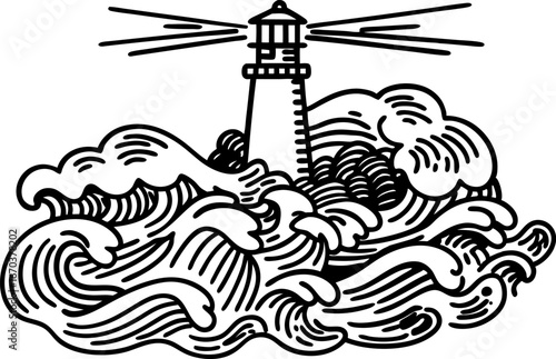 Lighthouse standing amidst turbulent ocean waves stormy sea, beacon guiding ships to safety, nautical navigation symbol