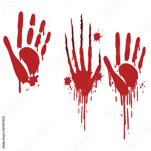 Three gory handprints in various sizes with dripping blood and splatter details.