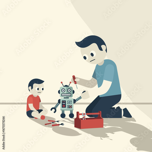 Father and son assemble a robot with a toolbox.