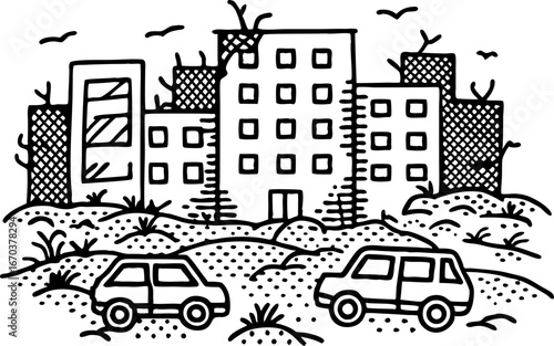 Abandoned urban building with overgrown vegetation and deserted cars derelict city architecture, post apocalyptic scene