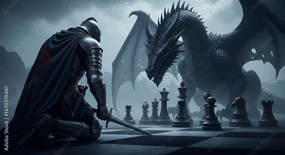 Fototapeta premium Epic fantasy knight plays strategic chess game against powerful dragon in mystical misty setting