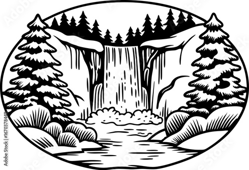 Waterfall scene with pine trees and rocky landscape wilderness flowing stream, nature forest illustration