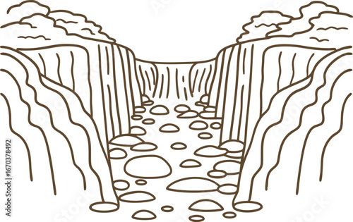 Rocky dry riverbed between high canyon cliffs with sparse bushes nature erosion formation, barren landscape