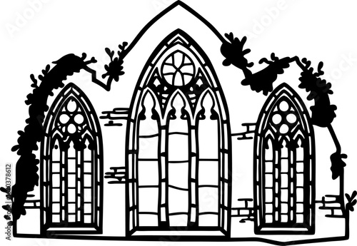 Gothic arched church windows with stained glass and stone details, overgrown ivy, medieval architecture illustration