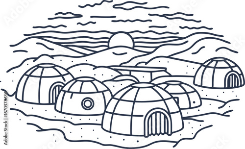 Igloo village winter landscape snow domes, snowy mountains, ice huts and sunrise, cold arctic scenery illustration