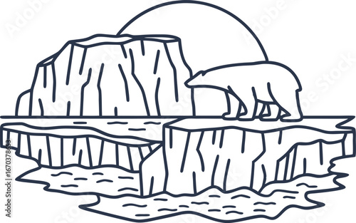 Polar bear walking on melting ice floe with sun and arctic landscape climate change, global warming impact