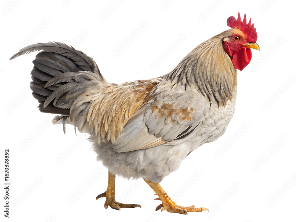 Fototapeta premium Proud Rooster with Stunning Plumage Standing Tall Isolated on Black Background Perfect for Farm Life Agricultural or Food Industry Related Projects with High Resolution Detail and Natural Colors