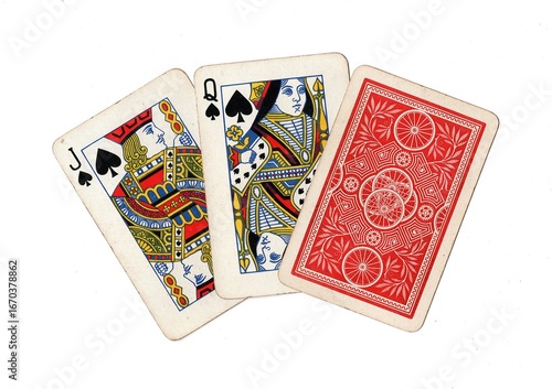 A hand of three vintage playing cards with two cards revealed on a white background.