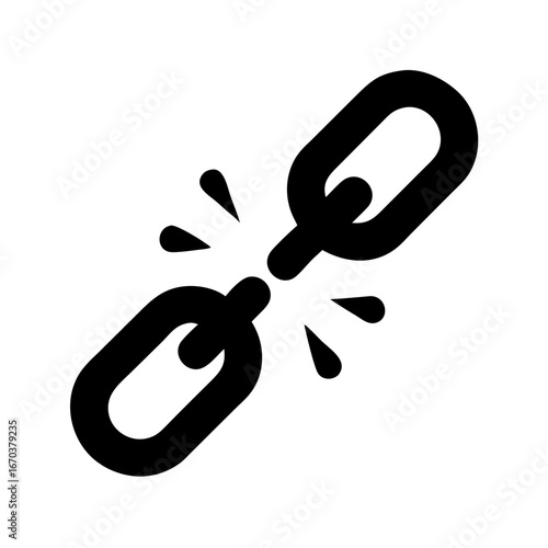 Simple black broken chain link icon on a white background. Represents disconnection, freedom, breaking free, or failure. Useful for security, digital error, prison break, and protest.icon