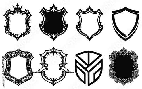 Collection of heraldic shield designs, black and white vector set, logo and emblem templates, security and protection symbols, vintage badge elements