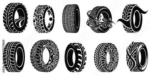 Collection of ten unique tire tread designs, black and white vector illustration, automotive pattern set, vehicle track symbols, racing and transport elements