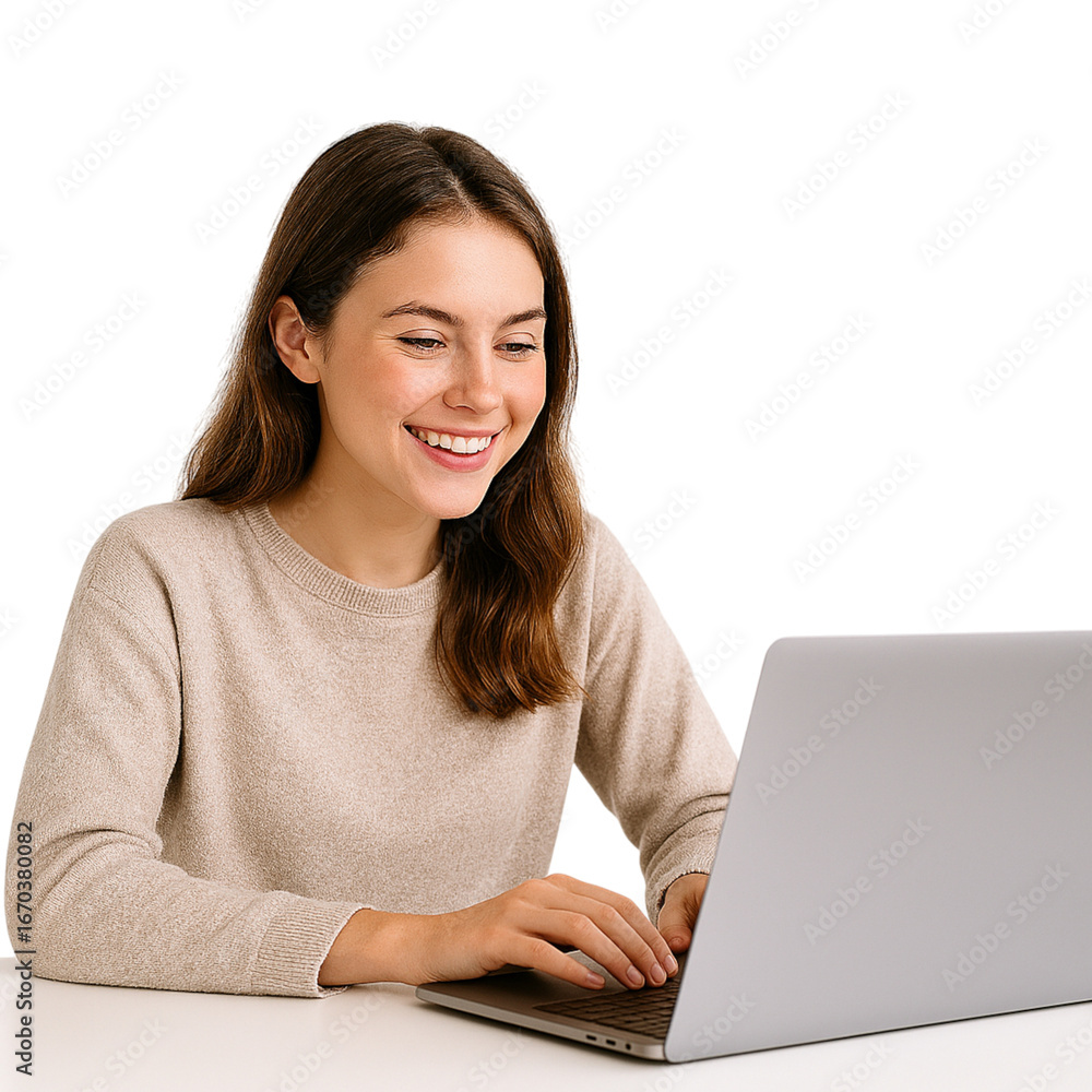 Naklejka premium Smiling young woman working on her laptop, radiating success and productivity in a modern workspace, perfect for illustrating remote work or online education concepts