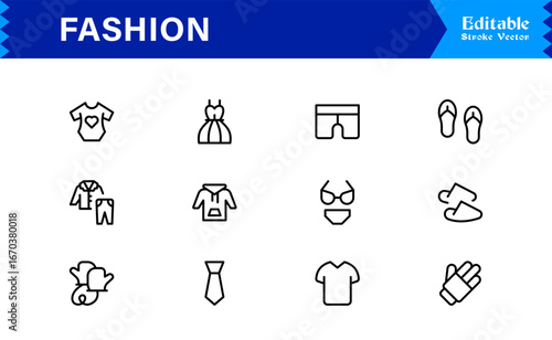Elegant Fashion line icon set with modern minimal design, professional vector style, unique outline collection for contemporary apparel, style, and trend concepts, premium quality graphics