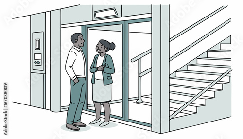 Positive people standing on elevator cab. Men and woman standing inside lift cabin with open doors. Vector illustration for architecture, transportation, technology concept 