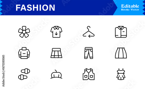 Elegant Fashion line icon set with modern minimal design, professional vector style, unique outline collection for contemporary apparel, style, and trend concepts, premium quality graphics