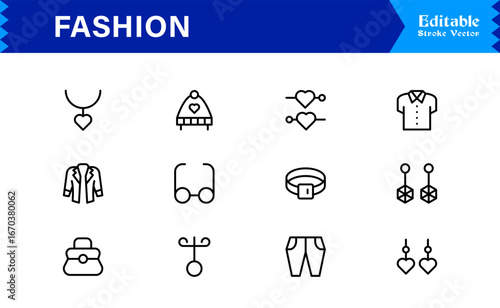 Elegant Fashion line icon set with modern minimal design, professional vector style, unique outline collection for contemporary apparel, style, and trend concepts, premium quality graphics