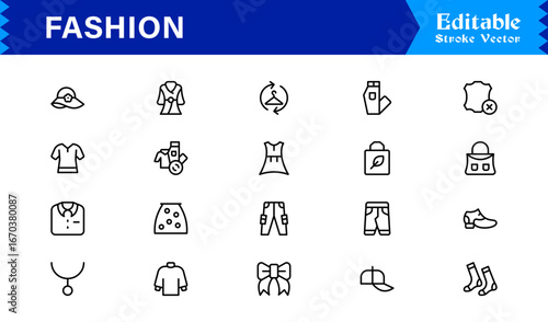 Elegant Fashion line icon set with modern minimal design, professional vector style, unique outline collection for contemporary apparel, style, and trend concepts, premium quality graphics