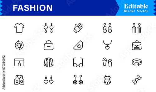 Elegant Fashion line icon set with modern minimal design, professional vector style, unique outline collection for contemporary apparel, style, and trend concepts, premium quality graphics