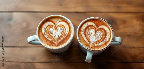 Two heart-shaped latte art coffees dusted with cocoa powder sit on wood,  cocoa powder,   double