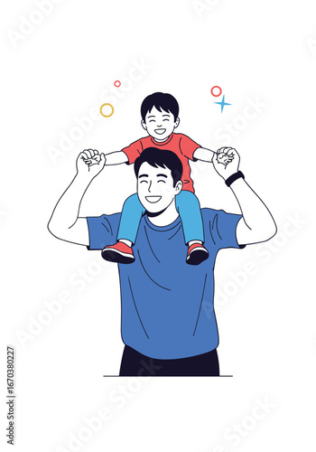 A happy father carries his young son on his shoulders together they share a joyful moment