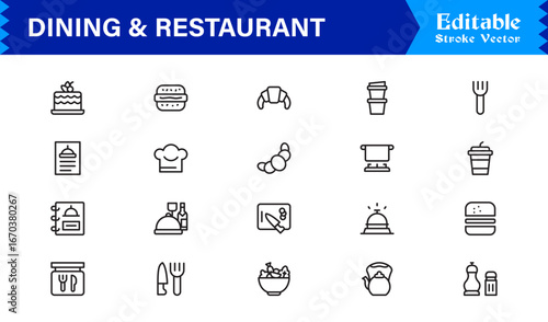 Dining and restaurant line icon set with clean, editable, pixel-perfect vector icons. Ideal for modern culinary, hospitality, food service, and cafe themes.