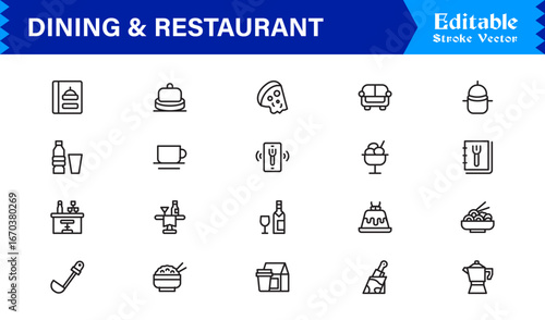 Dining and restaurant line icon set with clean, editable, pixel-perfect vector icons. Ideal for modern culinary, hospitality, food service, and cafe themes.
