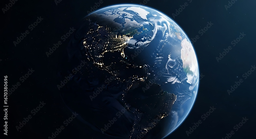 Obraz premium Glowing earth from space with city lights visible showing continents and oceans vast universe celestial body