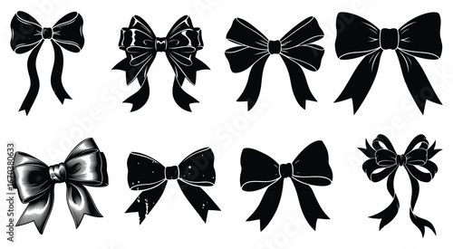 Elegant collection of black bow illustrations, decorative ribbon vector set, fashion and celebration design, festive and ornamental elements