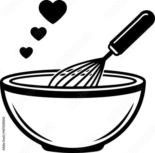 Mixing Bowl with Whisk and Hearts | Icon Illustration for Cooking, Baking, Food Blogs and Recipe Websites