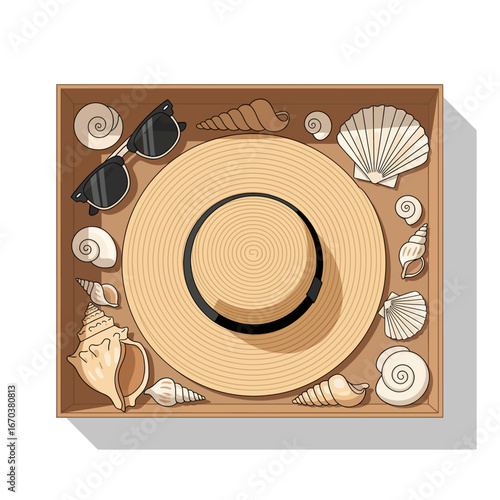 A beige straw hat, sunglasses, and various seashells arranged neatly inside a cardboard box, suggesting a beach vacation or summer theme.