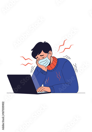 Person feeling unwell while working on a laptop wearing a face mask experiencing discomfort and radiating pain