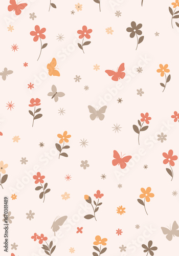 Charming spring garden fluttering butterflies and delicate blossoms pattern
