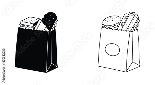 Food in paper bags with different types of takeout and fast food items