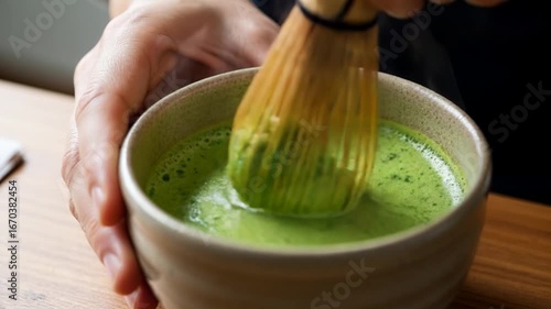Hand Whisking Matcha Tea in a Traditional Bowl with Bamboo Whisk