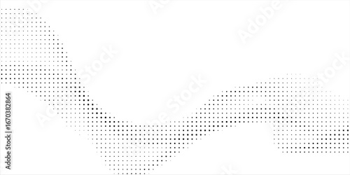 Flowing dots particles wave pattern halftone gradient curve shape isolated on white background
