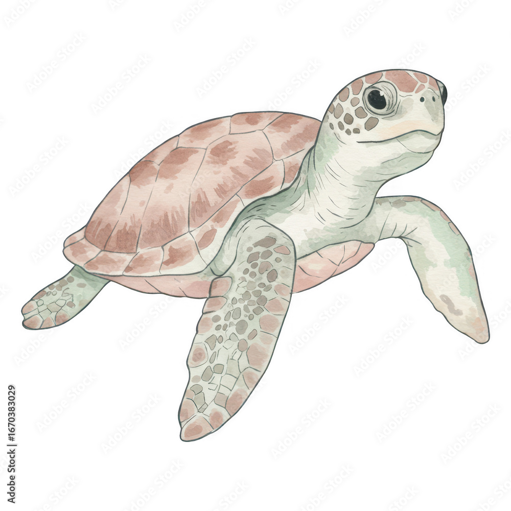 Fototapeta premium Watercolor sea turtle with light brown and green markings side view isolate