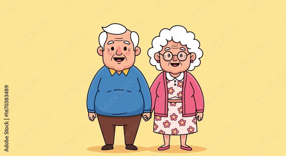 Obraz premium Simple Handdrawn Elderly Couple Character Illustration in Cartoon Style Design