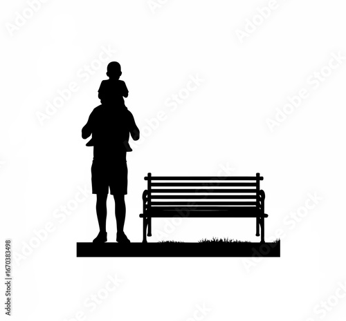 Father carrying child on shoulders in park silhouette isolated on white background