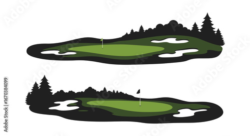 Golf course landscape illustrations with green fairways and obstacles