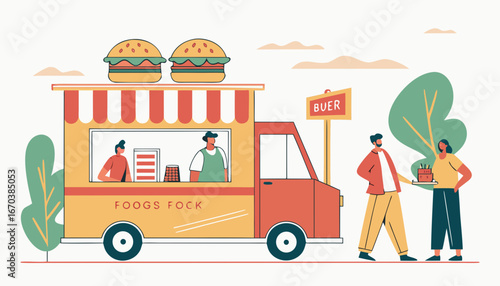 Food truck with burgers. Man cooking and selling food at fair flat vector illustration. Fast food concept for banner or landing page